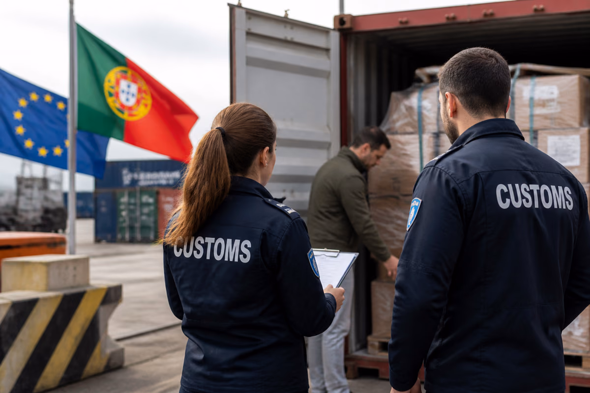 Des douaniers regardent un homme inspecter des cartons dans un conteneur, près des drapeaux portugais et européen