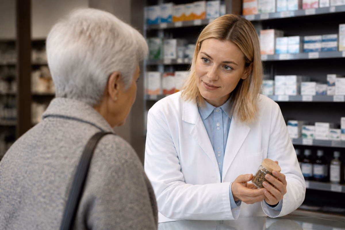 Pharmacienne en blouse blanche montrant un bocal de plantes séchées à une femme âgée au comptoir d'une pharmacie